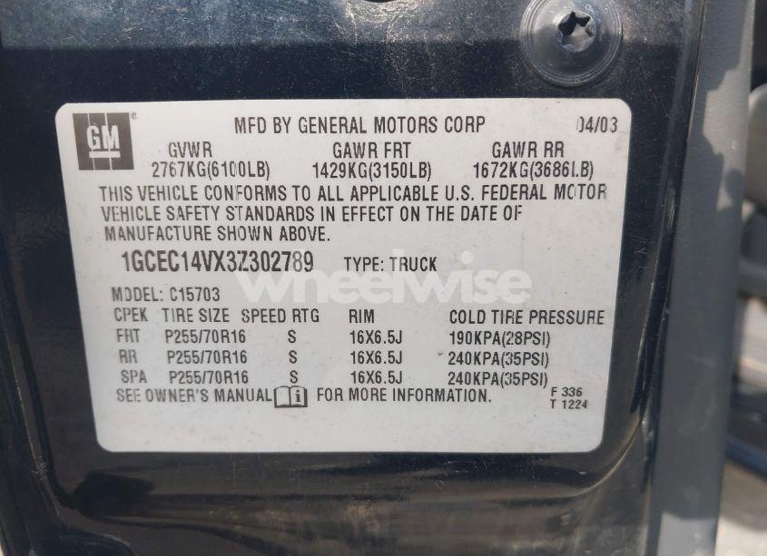 Photo 9 of 2003 Chevrolet Silverado 1500 (VIN 1GCEC14VX3Z302789)