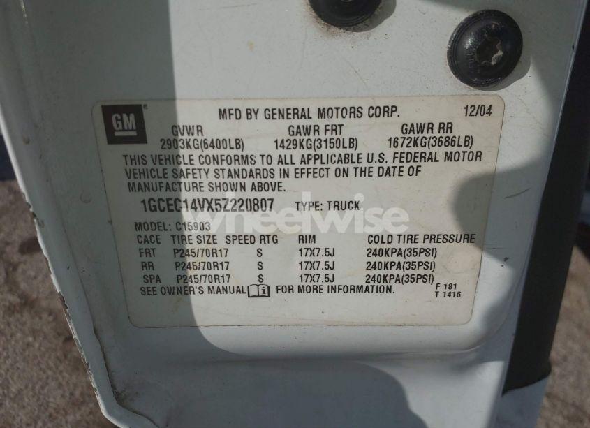 Photo 9 of 2005 Chevrolet Silverado 1500 WORK TRUCK (VIN 1GCEC14VX5Z220807)