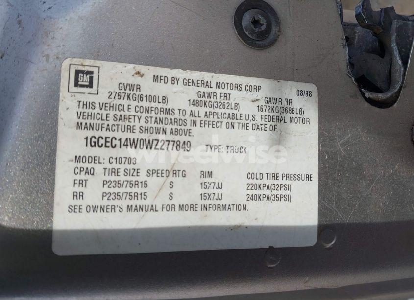 Photo 9 of 1998 Chevrolet C1500 FLEETSIDE (VIN 1GCEC14W0WZ277849)