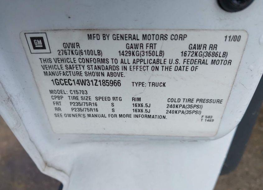 Photo 9 of 2001 Chevrolet Silverado 1500 (VIN 1GCEC14W31Z185966)