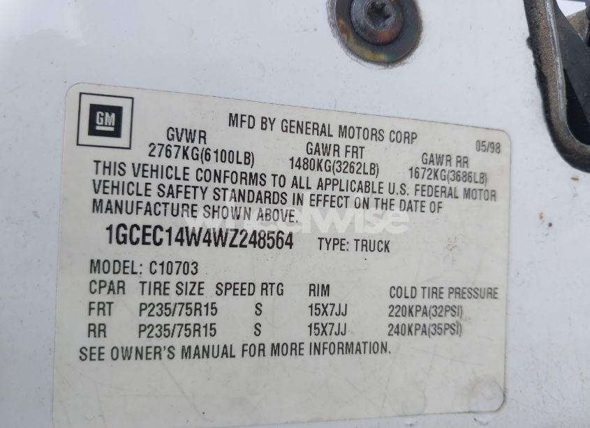 Photo 9 of 1998 Chevrolet C1500 FLEETSIDE CMI (VIN 1GCEC14W4WZ248564)