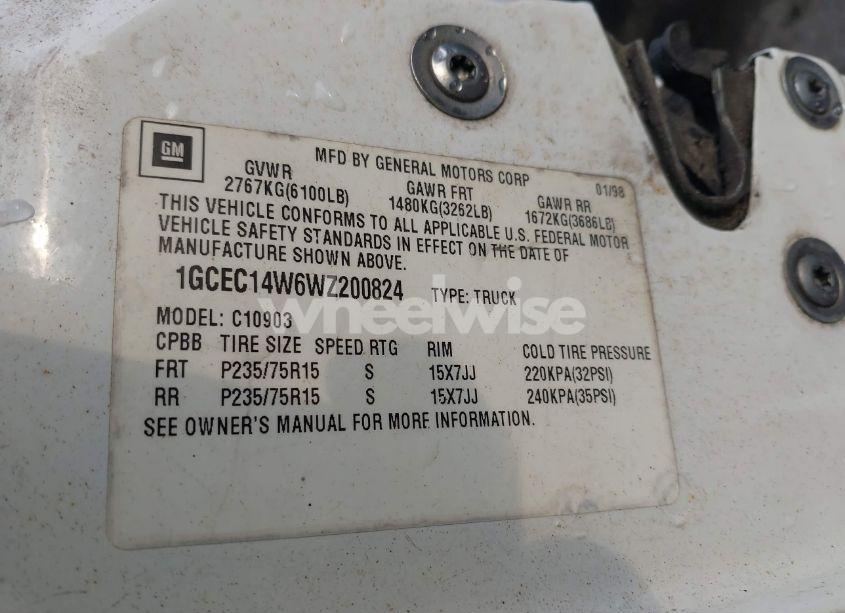 Photo 9 of 1998 Chevrolet C1500 FLEETSIDE W/T (VIN 1GCEC14W6WZ200824)