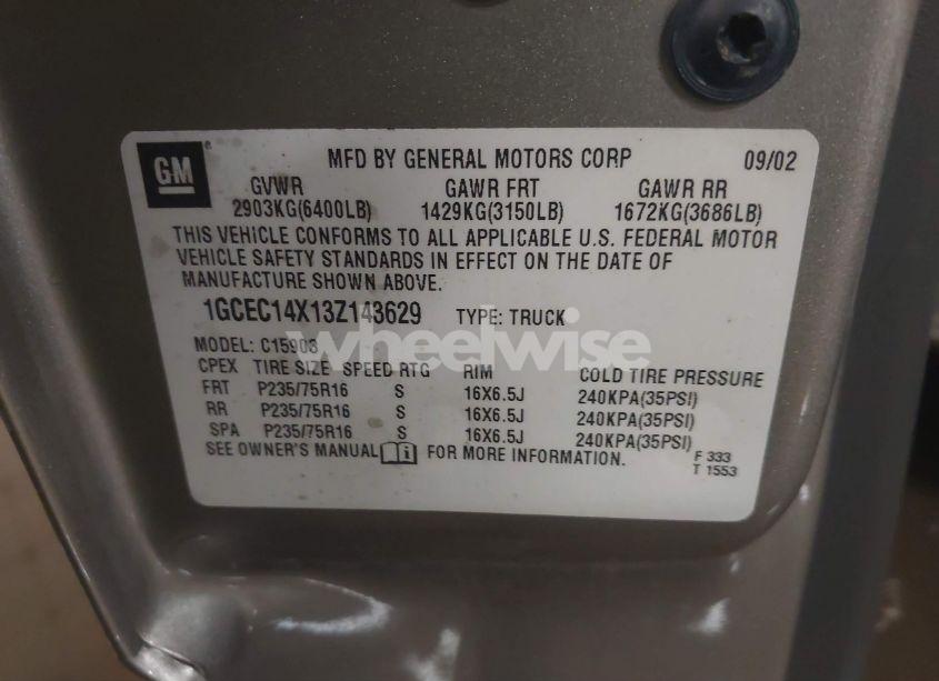 Photo 9 of 2003 Chevrolet Silverado 1500 WORK TRUCK (VIN 1GCEC14X13Z143629)