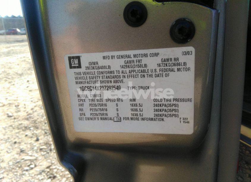Photo 9 of 2003 Chevrolet Silverado 1500 WORK TRUCK (VIN 1GCEC14X23Z292549)