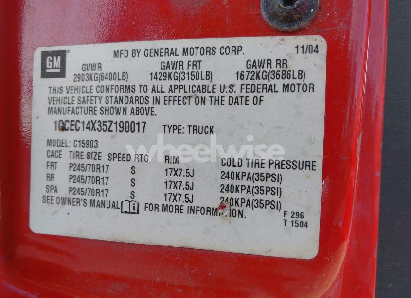 Photo 9 of 2005 Chevrolet Silverado 1500 WORK TRUCK (VIN 1GCEC14X35Z190017)