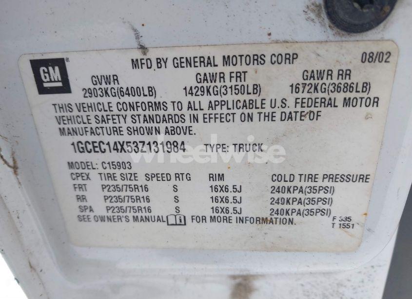 Photo 9 of 2003 Chevrolet Silverado 1500 WORK TRUCK (VIN 1GCEC14X53Z131984)