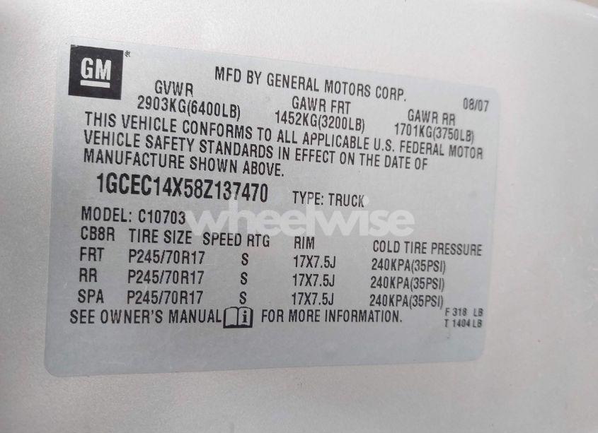 Photo 9 of 2008 Chevrolet Silverado 1500 WORK TRUCK (VIN 1GCEC14X58Z137470)