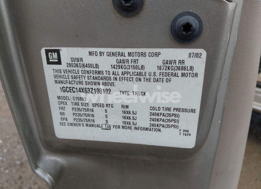 Photo 9 of 2003 Chevrolet Silverado 1500 WORK TRUCK (VIN 1GCEC14X63Z108102)