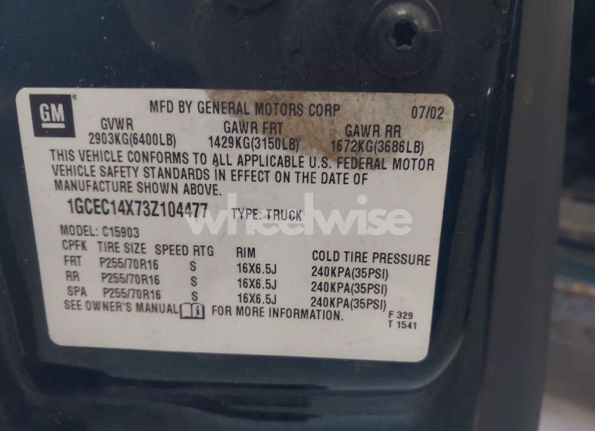 Photo 9 of 2003 Chevrolet Silverado 1500 WORK TRUCK (VIN 1GCEC14X73Z104477)