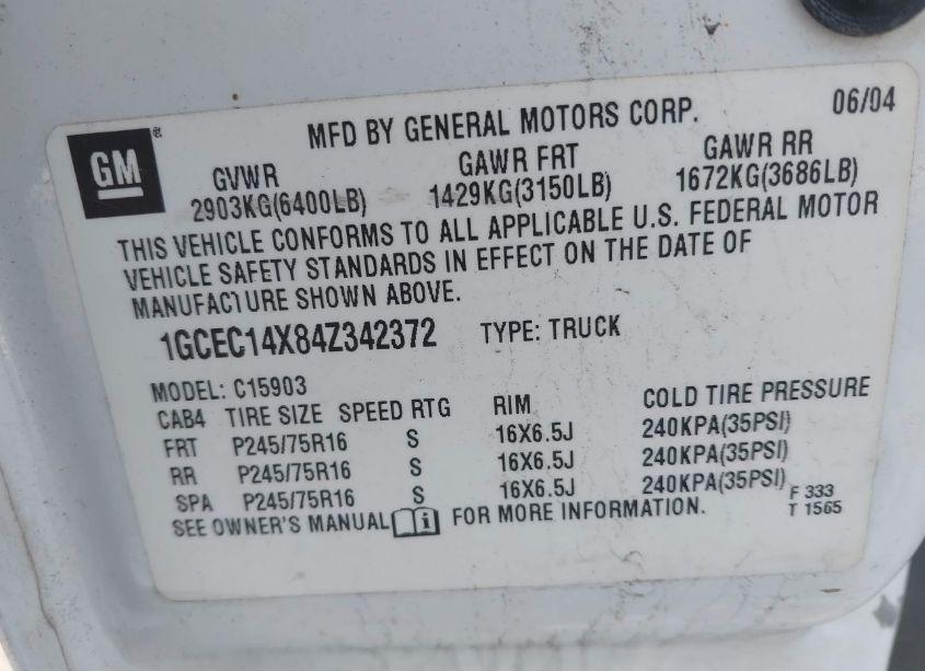 Photo 9 of 2004 Chevrolet Silverado 1500 WORK TRUCK (VIN 1GCEC14X84Z342372)