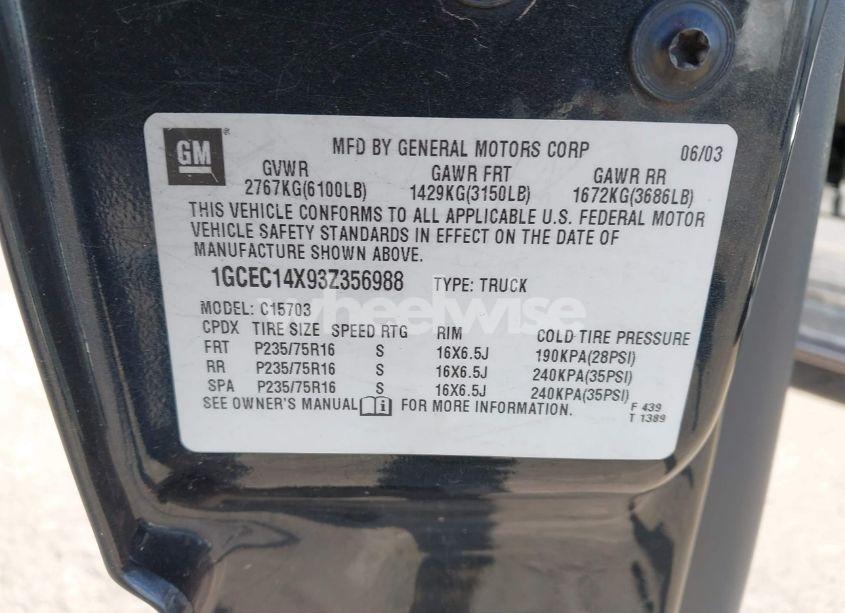 Photo 9 of 2003 Chevrolet Silverado 1500 (VIN 1GCEC14X93Z356988)