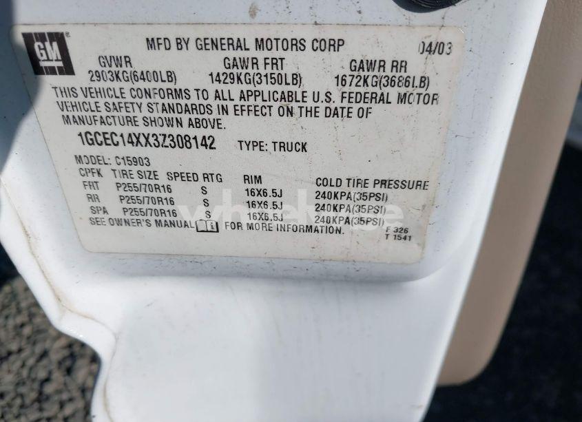 Photo 9 of 2003 Chevrolet Silverado 1500 WORK TRUCK (VIN 1GCEC14XX3Z308142)