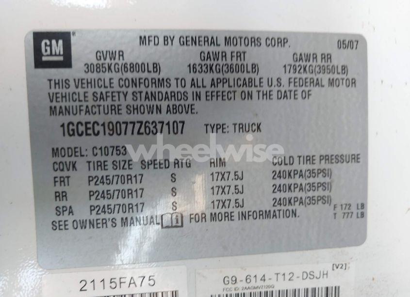 Photo 9 of 2007 Chevrolet Silverado 1500 WORK TRUCK (VIN 1GCEC19077Z637107)