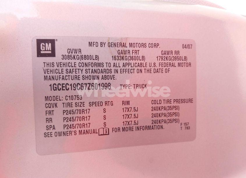 Photo 9 of 2007 Chevrolet Silverado 1500 WORK TRUCK (VIN 1GCEC19C67Z601998)