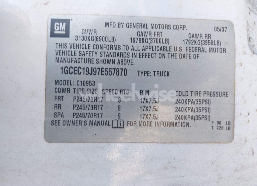 Photo 8 of 2007 Chevrolet Silverado 1500 WORK TRUCK (VIN 1GCEC19J97E567870)