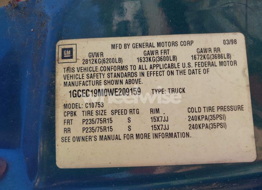 Photo 9 of 1998 Chevrolet C1500 FLEETSIDE (VIN 1GCEC19M0WE209159)