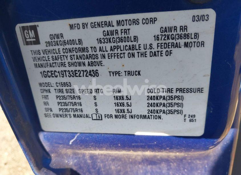 Photo 9 of 2003 Chevrolet Silverado 1500 (VIN 1GCEC19T33E272436)