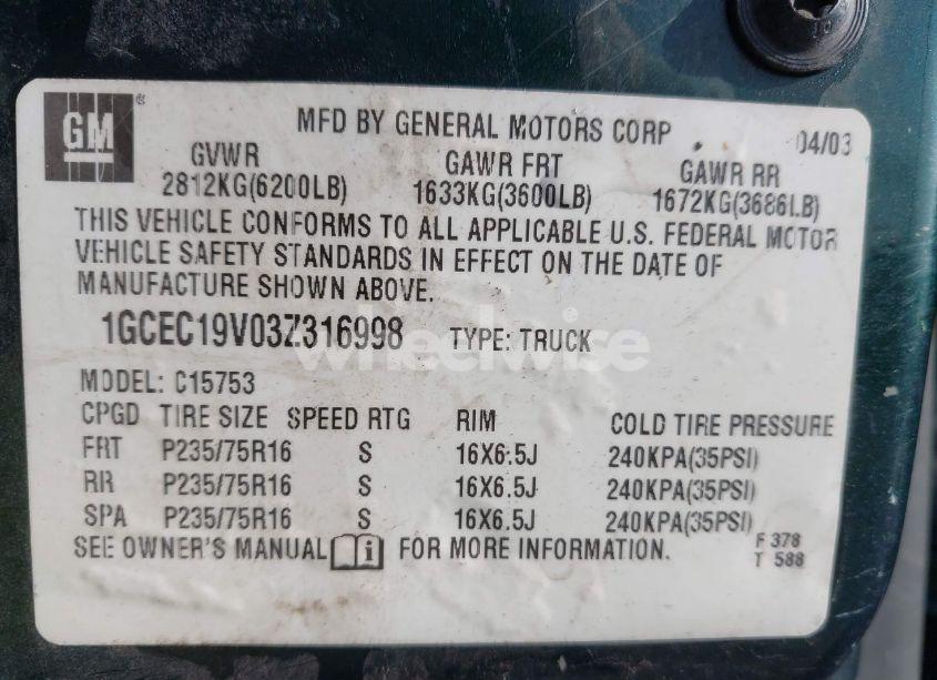 Photo 9 of 2003 Chevrolet Silverado 1500 (VIN 1GCEC19V03Z316998)