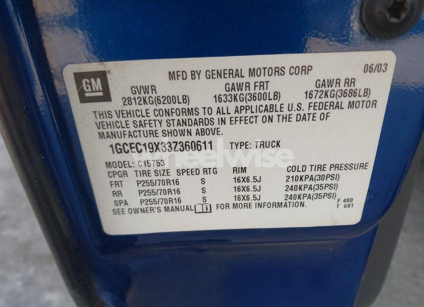 Photo 9 of 2003 Chevrolet Silverado 1500 WORK TRUCK (VIN 1GCEC19X33Z360611)