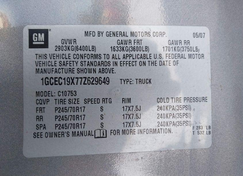 Photo 9 of 2007 Chevrolet Silverado 1500 WORK TRUCK (VIN 1GCEC19X77Z629649)