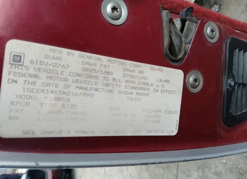 Photo 9 of 1992 Chevrolet Gmt-400 K1500 (VIN 1GCEK14K5NZ167992)