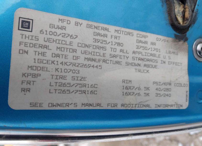 Photo 9 of 1994 Chevrolet Gmt-400 K1500 (VIN 1GCEK14K7RZ269445)