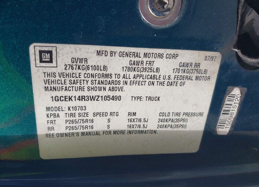 Photo 9 of 1998 Chevrolet K1500 FLEETSIDE (VIN 1GCEK14R3WZ105490)