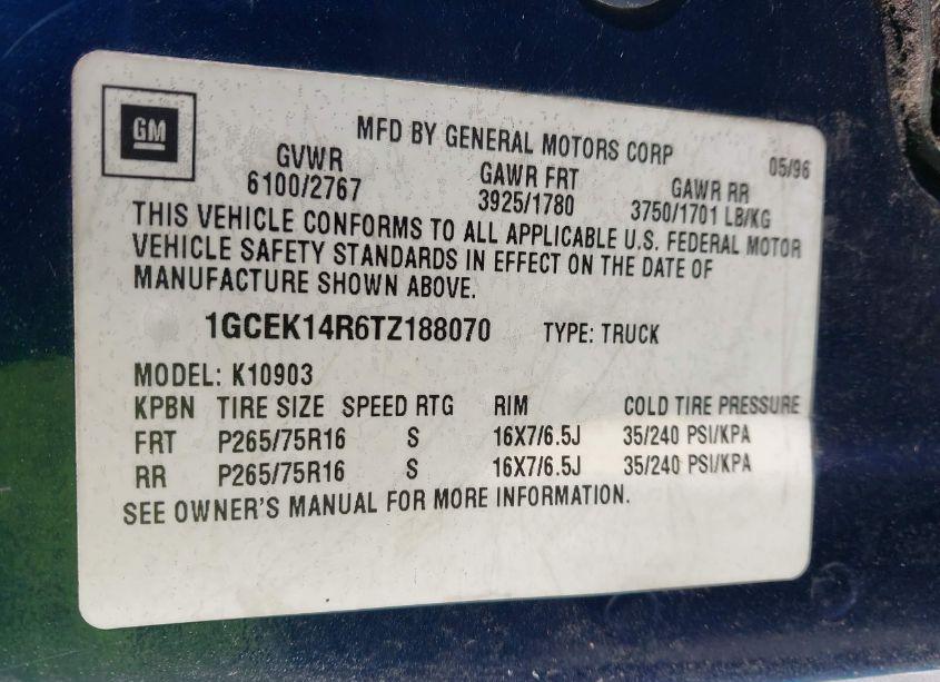 Photo 9 of 1996 Chevrolet Gmt-400 K1500 (VIN 1GCEK14R6TZ188070)