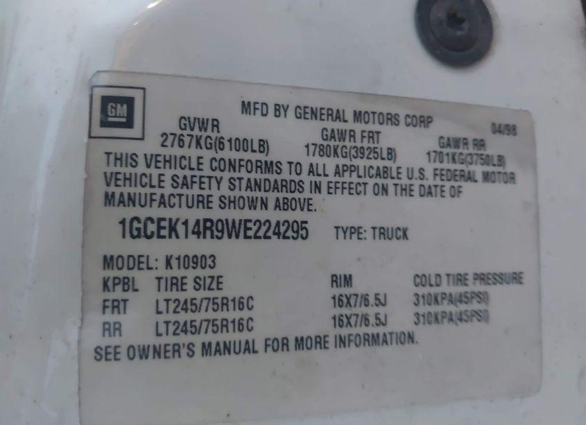 Photo 9 of 1998 Chevrolet K1500 FLEETSIDE (VIN 1GCEK14R9WE224295)