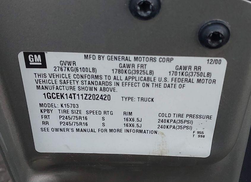 Photo 9 of 2001 Chevrolet Silverado 1500 (VIN 1GCEK14T11Z202420)