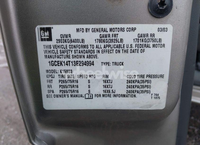 Photo 9 of 2003 Chevrolet Silverado 1500 LS (VIN 1GCEK14T13E294994)