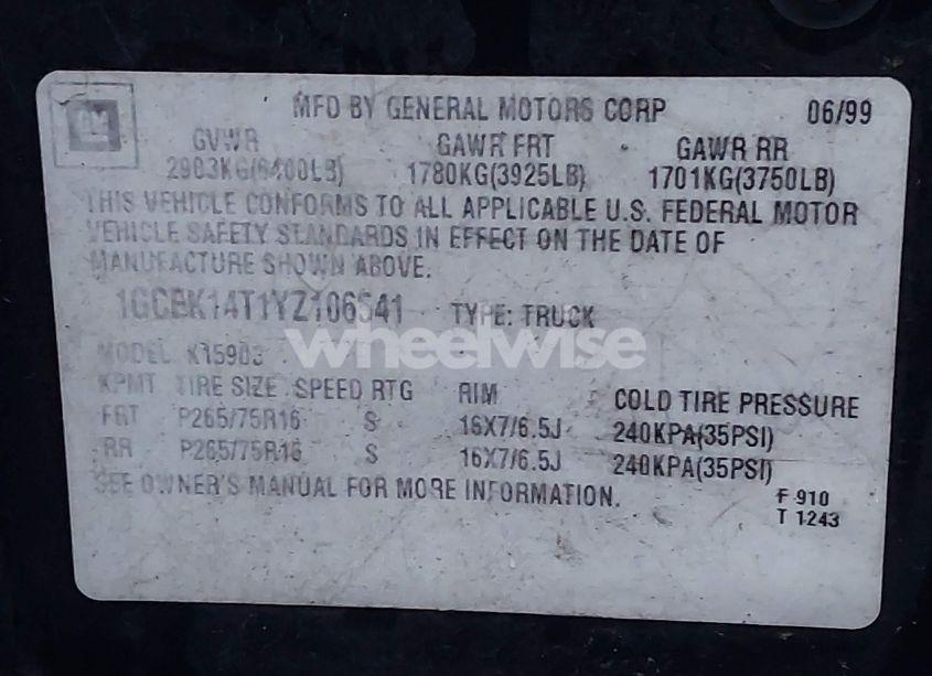 Photo 9 of 2000 Chevrolet Silverado 1500 LS (VIN 1GCEK14T1YZ106541)