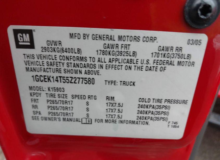 Photo 9 of 2005 Chevrolet Silverado 1500 LS (VIN 1GCEK14T55Z277580)