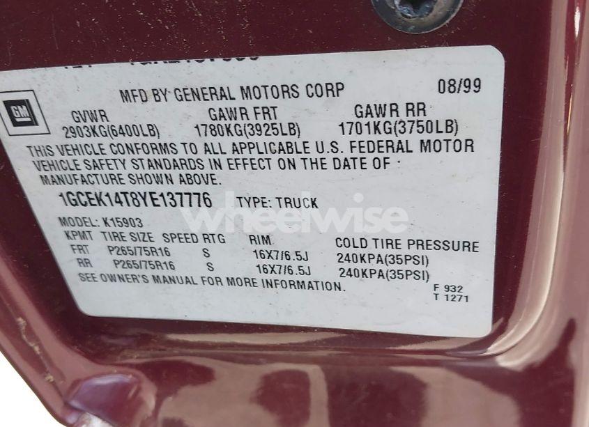 Photo 9 of 2000 Chevrolet Silverado 1500 LS (VIN 1GCEK14T8YE137776)