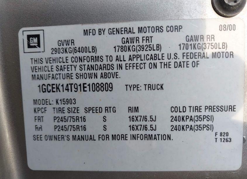 Photo 9 of 2001 Chevrolet Silverado 1500 LS (VIN 1GCEK14T91E108809)