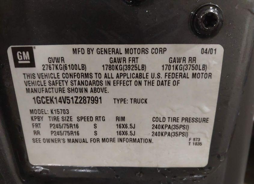 Photo 9 of 2001 Chevrolet Silverado 1500 (VIN 1GCEK14V51Z287991)