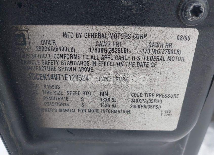 Photo 9 of 2001 Chevrolet Silverado 1500 (VIN 1GCEK14V71E120524)