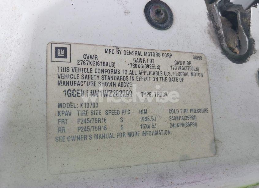 Photo 9 of 1998 Chevrolet K1500 FLEETSIDE W/T (VIN 1GCEK14W1WZ282299)