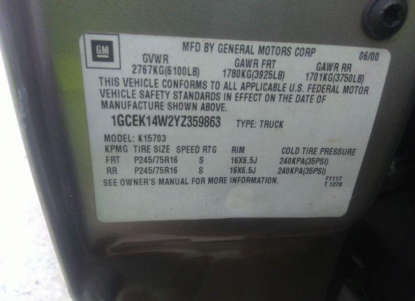 Photo 9 of 2000 Chevrolet Silverado 1500 (VIN 1GCEK14W2YZ359863)