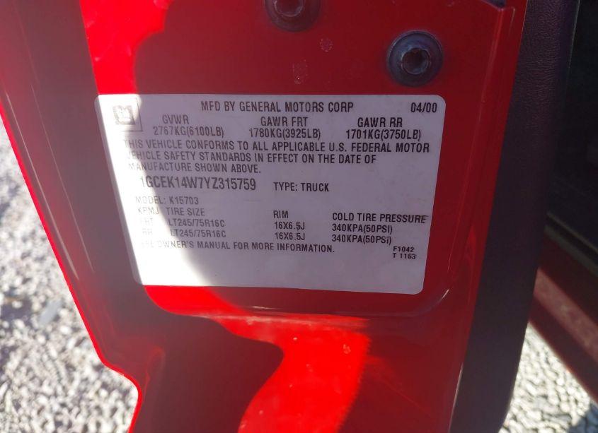 Photo 9 of 2000 Chevrolet Silverado 1500 (VIN 1GCEK14W7YZ315759)