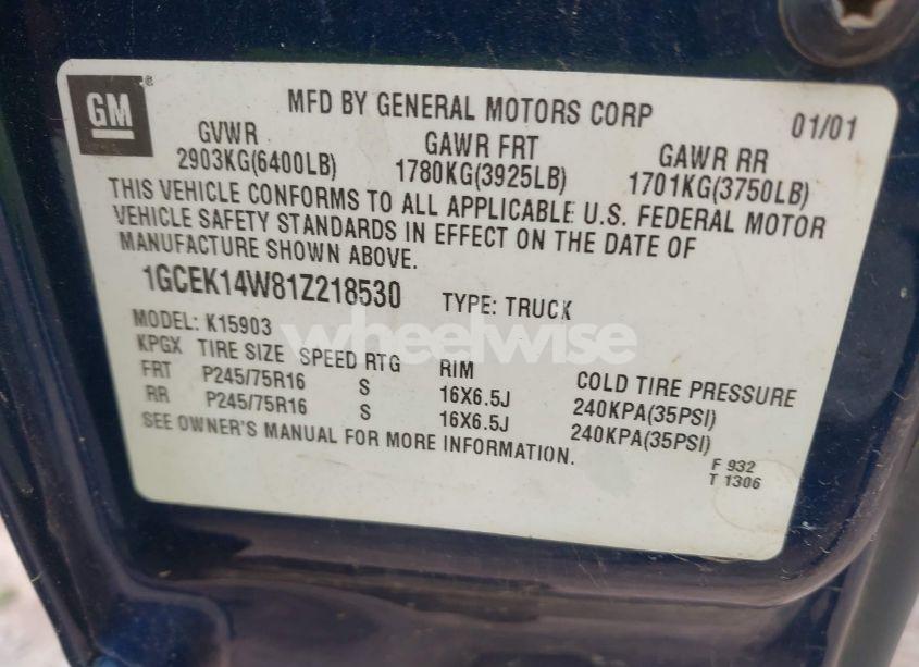 Photo 9 of 2001 Chevrolet Silverado 1500 LS (VIN 1GCEK14W81Z218530)