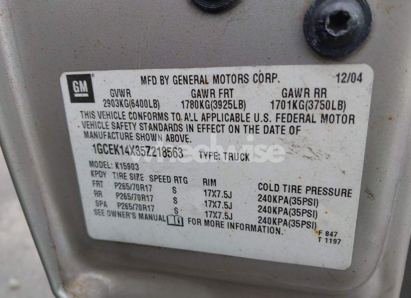 Photo 9 of 2005 Chevrolet Silverado 1500 WORK TRUCK (VIN 1GCEK14X35Z218563)