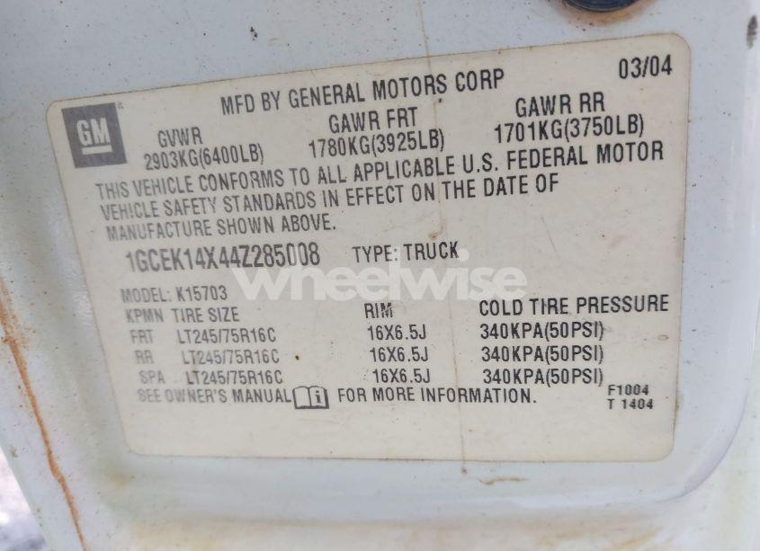 Photo 9 of 2004 Chevrolet Silverado 1500 WORK TRUCK (VIN 1GCEK14X44Z285008)