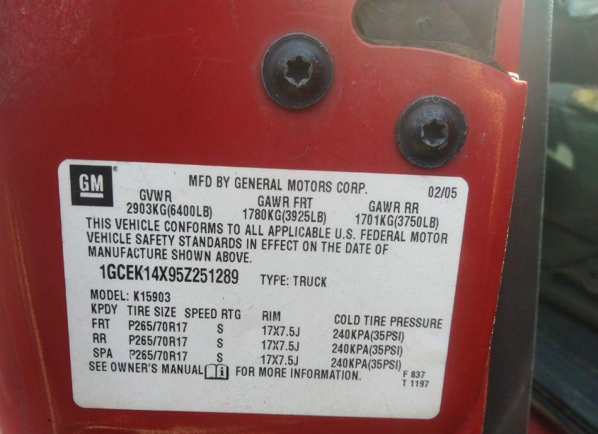 Photo 9 of 2005 Chevrolet Silverado 1500 WORK TRUCK (VIN 1GCEK14X95Z251289)