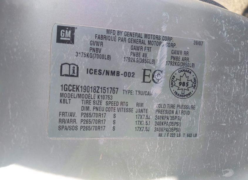 Photo 9 of 2008 Chevrolet Silverado 1500 LT W/1LT/LT1/LT2/LTZ/WORK TRUCK (VIN 1GCEK19018Z151767)