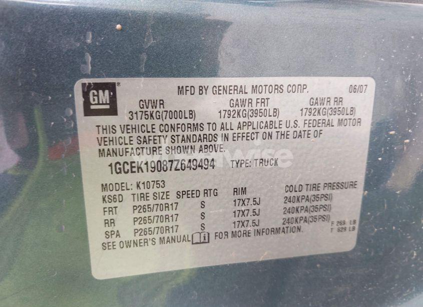 Photo 9 of 2007 Chevrolet Silverado 1500 LT1 (VIN 1GCEK19087Z649494)