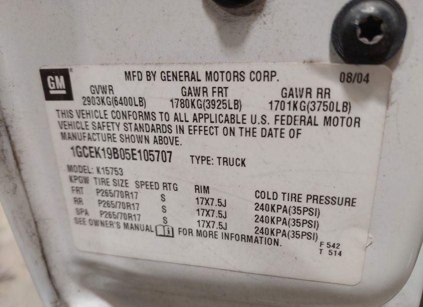 Photo 9 of 2005 Chevrolet Silverado 1500 (VIN 1GCEK19B05E105707)