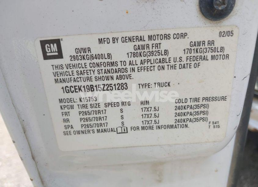 Photo 9 of 2005 Chevrolet Silverado 1500 WORK TRUCK (VIN 1GCEK19B15Z251283)