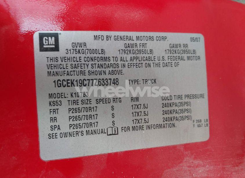 Photo 9 of 2007 Chevrolet Silverado 1500 LT1 (VIN 1GCEK19C77Z633748)