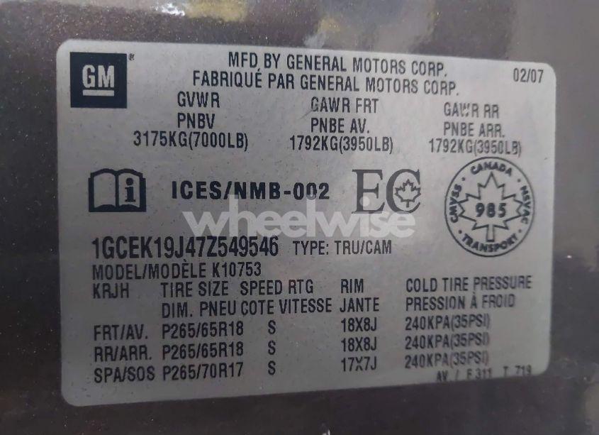 Photo 9 of 2007 Chevrolet Silverado 1500 LT1/LT2/LTZ/WORK TRUCK (VIN 1GCEK19J47Z549546)